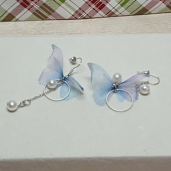 NWOT Fashion Jewelry Silver Tone Faux Pearl Dangle Blue Butterfly Earrings #18 - Picture 6 of 10